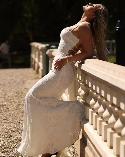 Elegant and Beautiful Dress Women 2024 White Backless Wedding Guest Dress Sexy Lace up Long Normal Party Dresses
