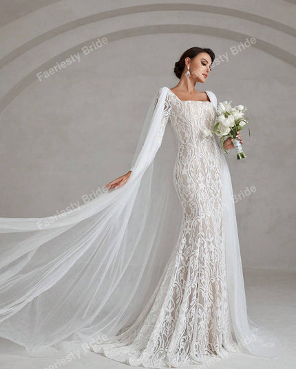 Faeriesty Elegant Square Neckline Long-Sleeve Mermaid Wedding Dress Bridal Gown with Sheer Organza Cape Detailing – Perfect for Church Ceremonies, Formal Galas, Destination Weddings, Luxurious Evening Receptions, and Grand Cathedral Celebrations