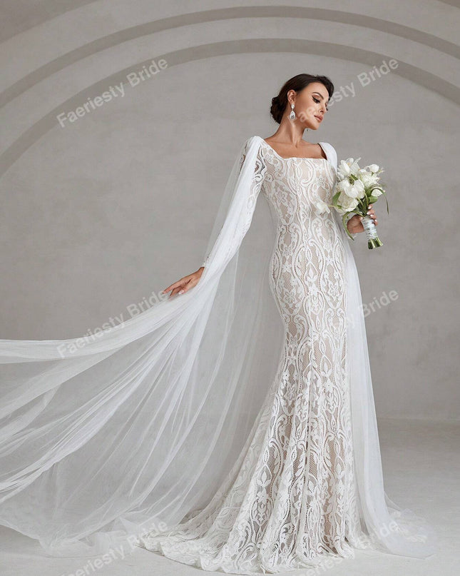 Faeriesty Elegant Square Neckline Long-Sleeve Mermaid Wedding Dress Bridal Gown with Sheer Organza Cape Detailing – Perfect for Church Ceremonies, Formal Galas, Destination Weddings, Luxurious Evening Receptions, and Grand Cathedral Celebrations