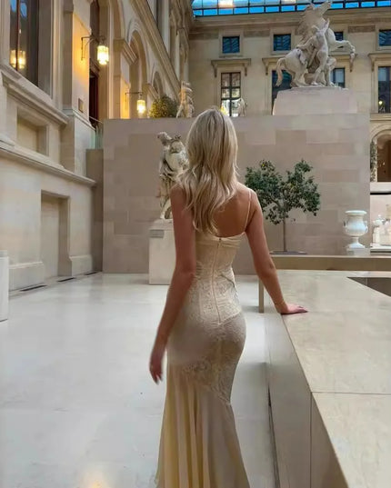 Mingmingxi Summer Long Dresses for Women 2024 New Arrivals Beige Elegant Lace Dress with Hem Spaghetti Strap Bodycon Party Dress