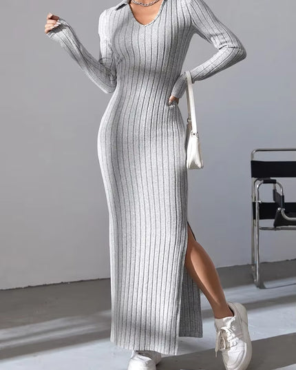 2024 New Women'S Sexy Knitted V-Neck Reverse Collar Split Dress Autumn/Winter Long Sleeve Elastic Basic Body Sweater
