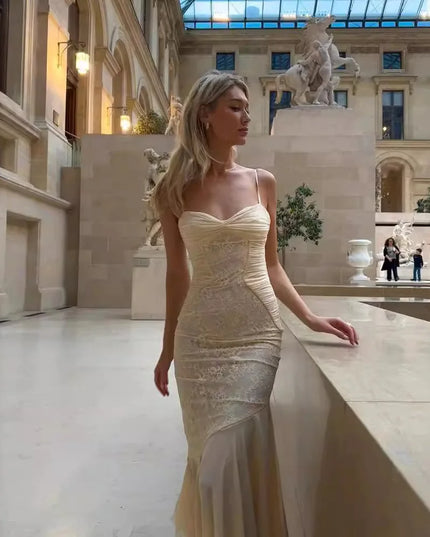 Mingmingxi Summer Long Dresses for Women 2024 New Arrivals Beige Elegant Lace Dress with Hem Spaghetti Strap Bodycon Party Dress