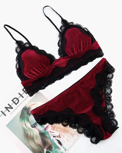Solid Comfy Velvet Lingeries for Women Floral Lace Gathered Bras and Thong Set 2Pcs Seductive Lingerie Sexy Sleepwear Pajama Set