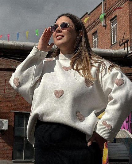 Long Sleeve Loose Heart-Shaped round Neck Sweater for Women Autumn and Winter