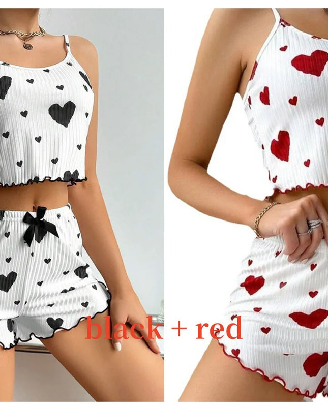 Women'S Pajamas Set Sleepwear 2 PCS Short Tank Tops and Shorts S M L White Ventilate Soft Casual Love Printing