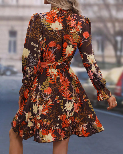 Clasi Floral Print Flounce Sleeve Ruffle Hem Belted Dress