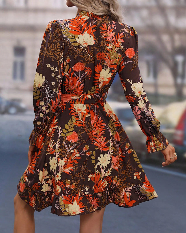 Clasi Floral Print Flounce Sleeve Ruffle Hem Belted Dress