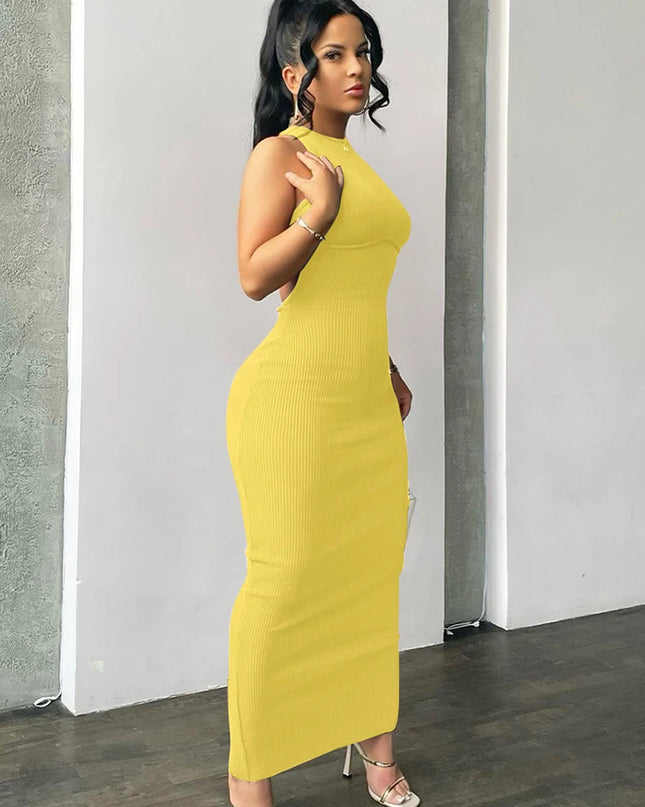 Ribbed Solid Hollow Out Backless Sleeveless Sexy Slit Mini Dress Bodycon 2025 Spring Women Outfits Elegant Party Y2K