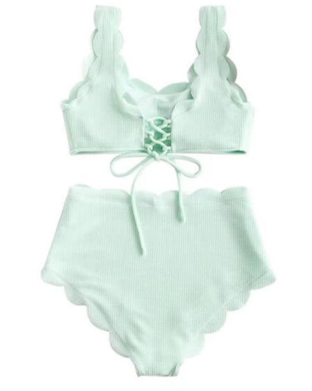 Solid Blue Two Pieces Swimsuit Bathing Suits Bikini Women Scalloped Textured High Waisted Bikini Set Lace up Bathing Suits XXL
