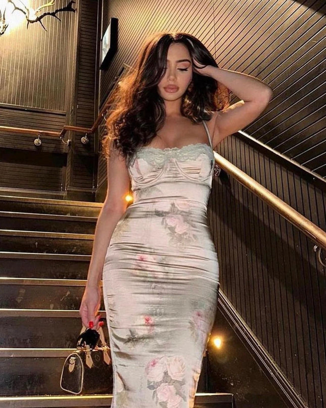 Wedding Guest Dresses for Women 2023 Summer Satin Dress Stretchy Evening Party Dress Floral Elegant Night Club Festival Outfit