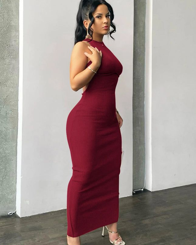 Ribbed Solid Hollow Out Backless Sleeveless Sexy Slit Mini Dress Bodycon 2025 Spring Women Outfits Elegant Party Y2K