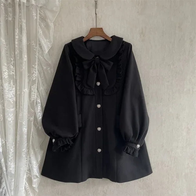 Winter Women'S Woolen Coat Japanese Lolita Style Sweet Kawai Bow A-Line Loose Jackets Female Elegant Fall Korean Fashion Outwear