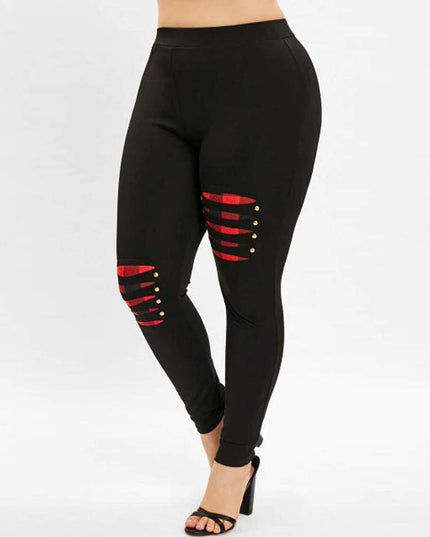 Leggings for Women plus Size Plaid Patchwork High Waist Skinny Stretchy Casual Work Pants (Black, XL)