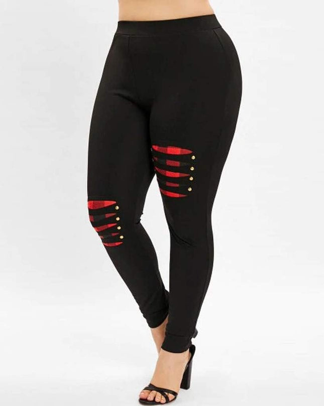 Leggings for Women plus Size Plaid Patchwork High Waist Skinny Stretchy Casual Work Pants (Black, XL)