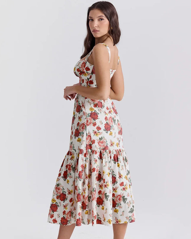 Mingmingxi Summer Elegant Holiday Dress 2024 Causal Ruffle Hems Fit and Flare Dress with Pocket Mid Length Floral Print Dress