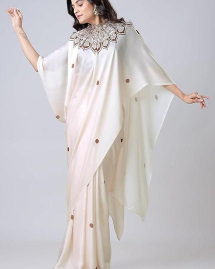 Satin Silk Printed Kaftan Saree With Unstitched Blouse