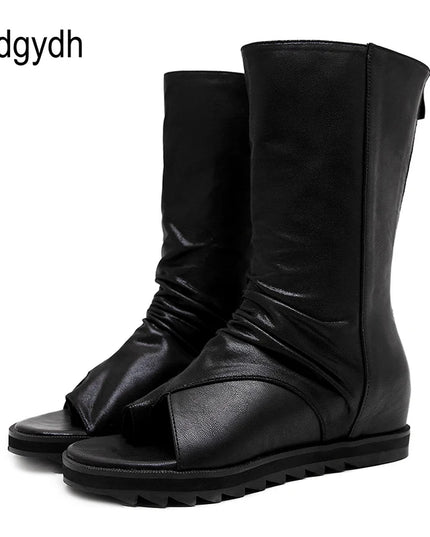 Zipper Design Black Women Shoes Wedges 2022 New Spring Autumn Open Toe Leather Mid-Calf Boots for Women Promotion Sale