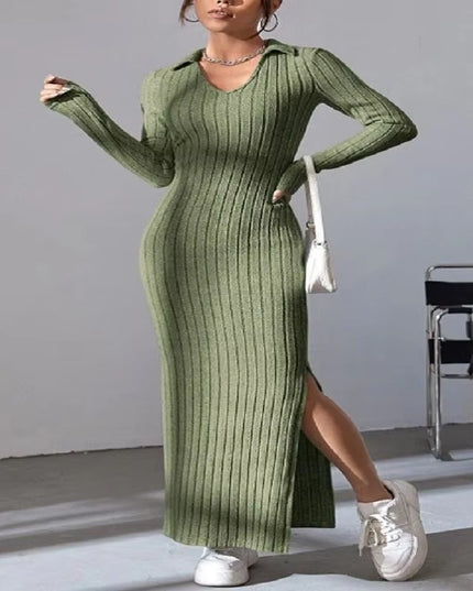 2024 New Women'S Sexy Knitted V-Neck Reverse Collar Split Dress Autumn/Winter Long Sleeve Elastic Basic Body Sweater