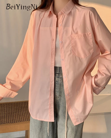 2024 Spring Autumn Women Shirts White Plain Loose Oversized Blouses Female Tops Loose BF Korean Style Blusas Pockets