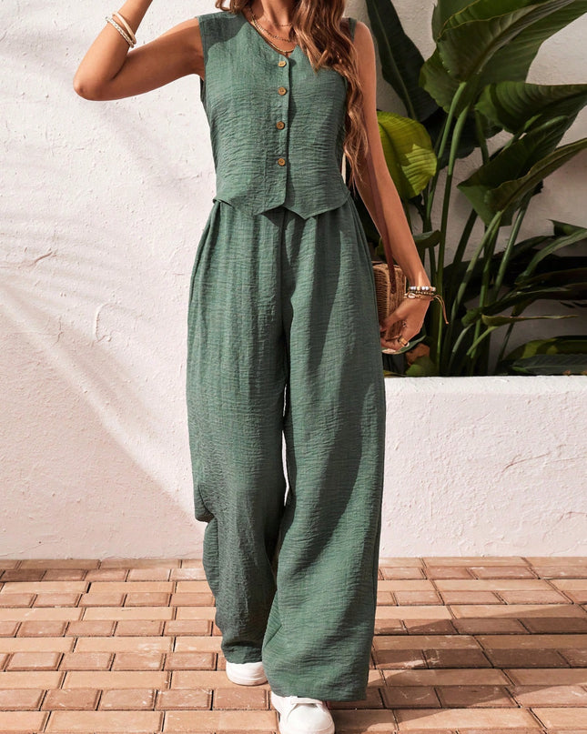 Frenchy Women'S Solid Color Front Button Sleeveless Blouse and Long Pants Casual Suit Set Fall Women Outfits Women Outfit Sets Winter Women Sets