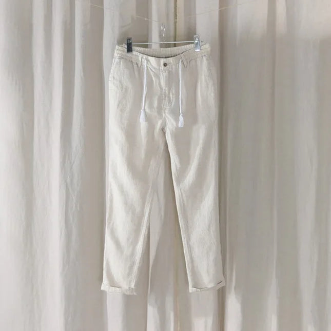 New Design Casual 100% Linen Long Pants Men Solid Fashion Brand Trousers for Men Elastic Waist Pantalones Pantaloni Un Pantalon