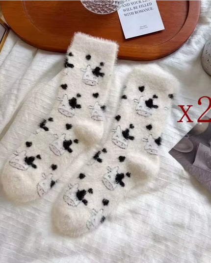 2 Pairs Cute Cow Spots Print Socks, Thickened & Warm Coral Fleece Socks, Women'S Stockings & Hosiery