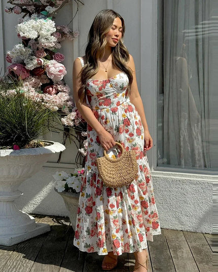 Mingmingxi Summer Elegant Holiday Dress 2024 Causal Ruffle Hems Fit and Flare Dress with Pocket Mid Length Floral Print Dress