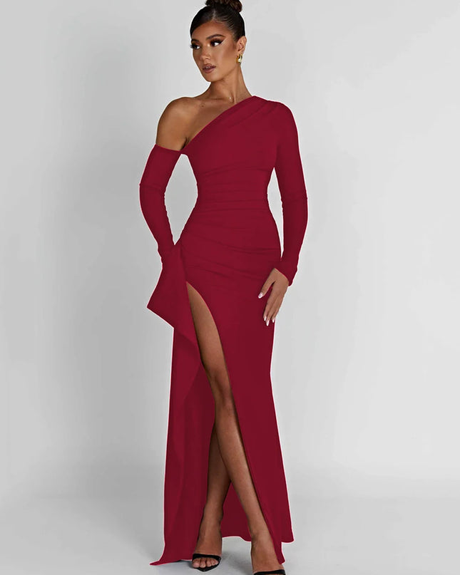 Oblique Shoulder Thigh High Split Maxi Dress Women Long Sleeve Backless Bodycon Sexy Club Party Long Dress Vestidos