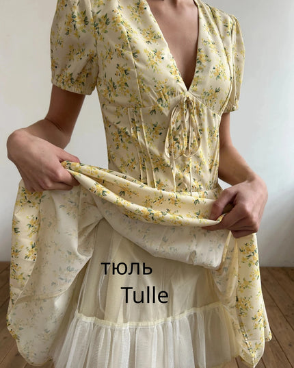 Fashion Summer Dresses 2024 Yellow Flower Print Party Dresses Elegant Puff Sleeve Birthday Holiday Dress Women'S Clothing