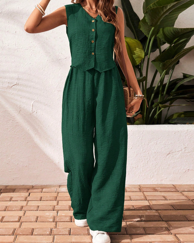 Frenchy Women'S Solid Color Front Button Sleeveless Blouse and Long Pants Casual Suit Set Fall Women Outfits Women Outfit Sets Winter Women Sets