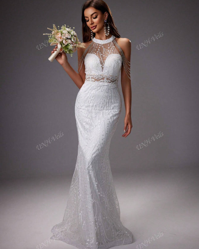UNITHORSE Elegant, Gorgeous and Romantic, White Color, Off-Shoulder Sleeveless, Mermaid Tail Design, See-Through Elastic Lace Breast Cup, Chain Decor Embroidery Mesh Wedding Dress Gown, All White Party Outfit Women