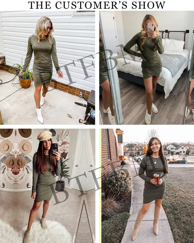 Women Fall Ruched Bodycon Long Sleeve Dress Wrap Front Elegant Casual Basic Fitted Short Dresses, M Wine Red