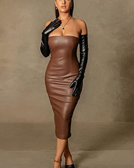 Women Sexy Strapless Tube Top Club Midi Dress off Shoulder Bodycon Party Faux Leather Dress