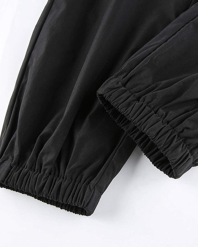 Womens High Waisted Cargo Pants Hollow Punk Pants Pockets Casual Loose Combat Twill Trousers with Belt (Black, L)