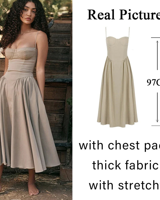 Summer Elegant Midi Spaghetti Strap Dresses Slim V Neck a Line Party Dress Khaki Casual Dress Women'S Clothing