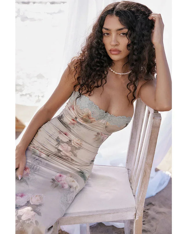Spaghetti Strap Lace Print Midi Dress for Women Robe Strapless Backless High Waist Bodycon Club Party Long Dress