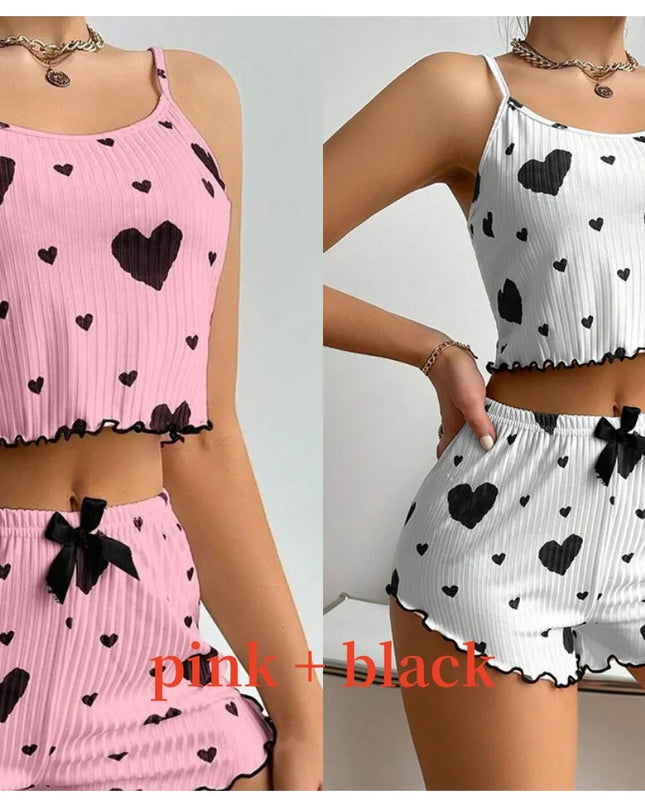 Women'S Pajamas Set Sleepwear 2 PCS Short Tank Tops and Shorts S M L White Ventilate Soft Casual Love Printing