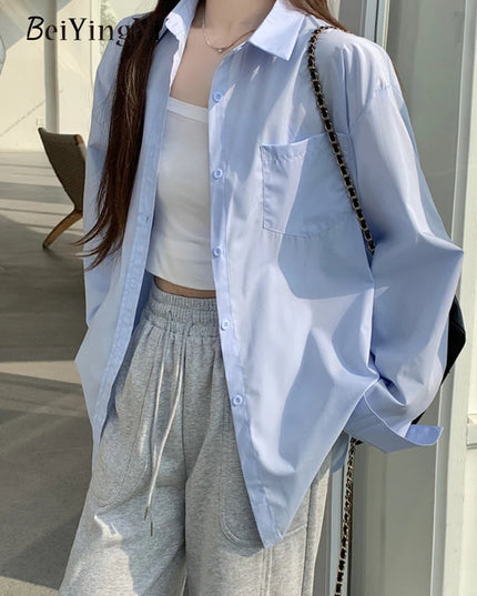 2024 Spring Autumn Women Shirts White Plain Loose Oversized Blouses Female Tops Loose BF Korean Style Blusas Pockets