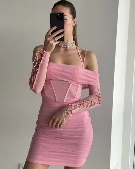 Mingmingxi Elegant off the Shoulder Mesh Dress Sexy Halter Boning Bodycon Birthday Party Dresses Pink Summer Dresses Women