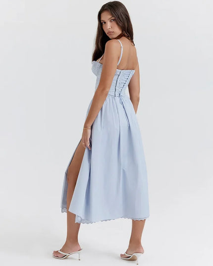 Fashion Summer Dresses 2024 Blue Midi Crochet Dress Elegant Sexy Spaghetti Strap Bustier Dress for Party Club