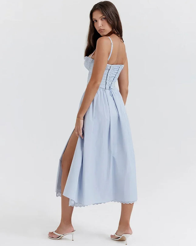 Fashion Summer Dresses 2024 Blue Midi Crochet Dress Elegant Sexy Spaghetti Strap Bustier Dress for Party Club
