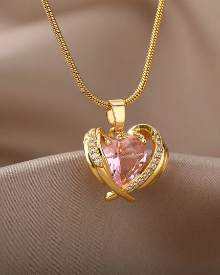 Bohemia Pink Cubic Zirconia Necklace for Women Stainless Steel Heart Wings Pendant Necklaces Crystal Choker Couple Jewerly Gift