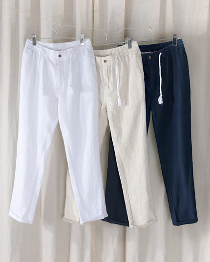 New Design Casual 100% Linen Long Pants Men Solid Fashion Brand Trousers for Men Elastic Waist Pantalones Pantaloni Un Pantalon