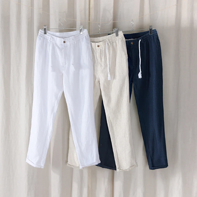 New Design Casual 100% Linen Long Pants Men Solid Fashion Brand Trousers for Men Elastic Waist Pantalones Pantaloni Un Pantalon