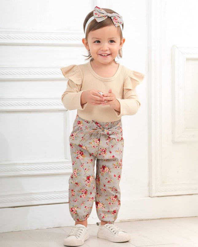 Newborn Baby Girl Clothes Ribbed Ruffle Sleeve Romper + Floral Pants + Headband Cute Infant Baby Girl Outfit 3Pcs
