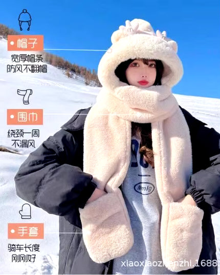 Dragon Horn Bear Hat Scarf One Female Winter Adult Gloves Cycling Thick Dragon Treasure 3-In-1 Small Antler Hat