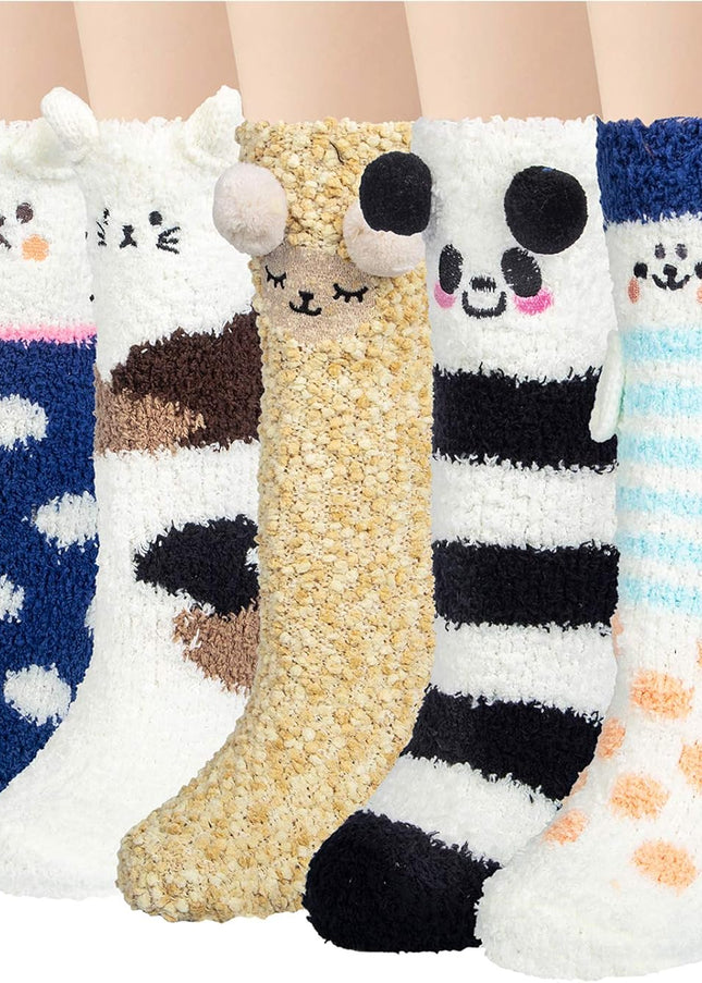 5 Pairs Fuzzy Socks for Women Soft Warm Slipper Socks Microfiber Cozy Socks Home Fluffy Christmas Socks(Navy)