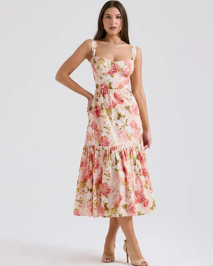 Mingmingxi Summer Elegant Holiday Dress 2024 Causal Ruffle Hems Fit and Flare Dress with Pocket Mid Length Floral Print Dress