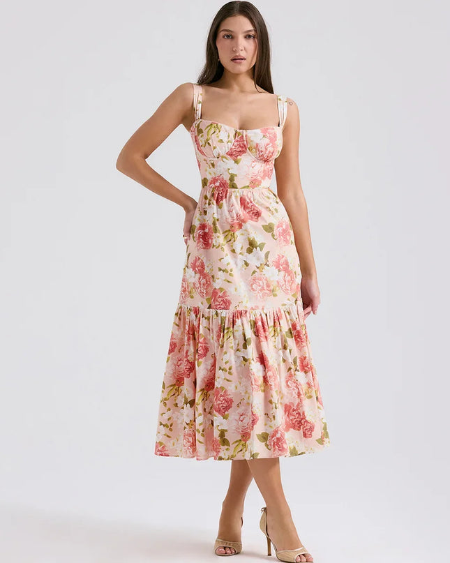 Mingmingxi Summer Elegant Holiday Dress 2024 Causal Ruffle Hems Fit and Flare Dress with Pocket Mid Length Floral Print Dress