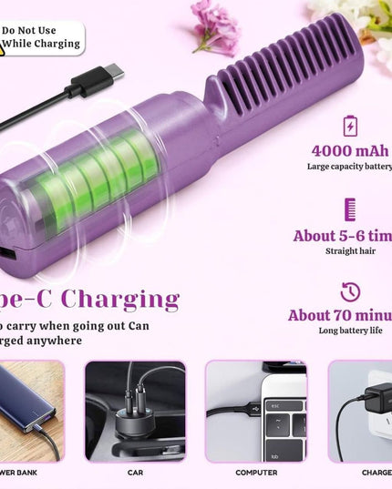 Meneflix Portable Mini Hair Straightener Cordless Rechargeable Mini Adjustable Hair Straightener Hot Comb
